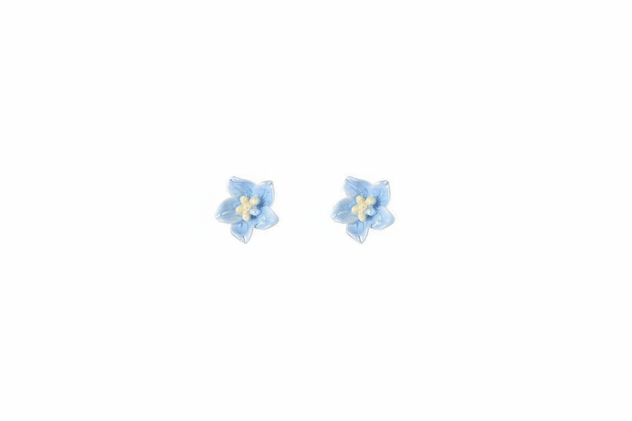 Pair of blue flower-shaped earrings on a white background