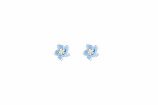 Pair of blue flower-shaped earrings on a white background