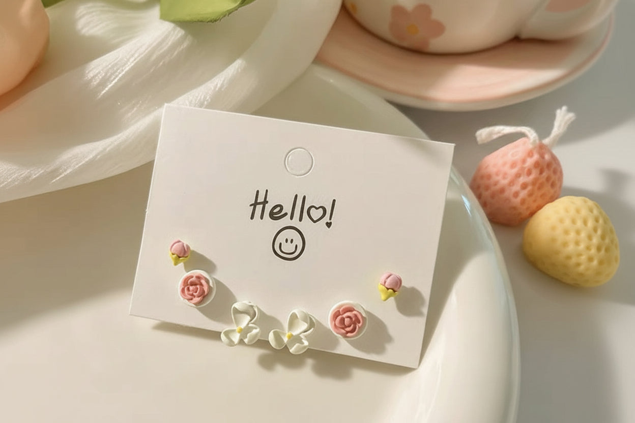 Rosebud & Bow Earrings – pastel pink rose and white bow stud set