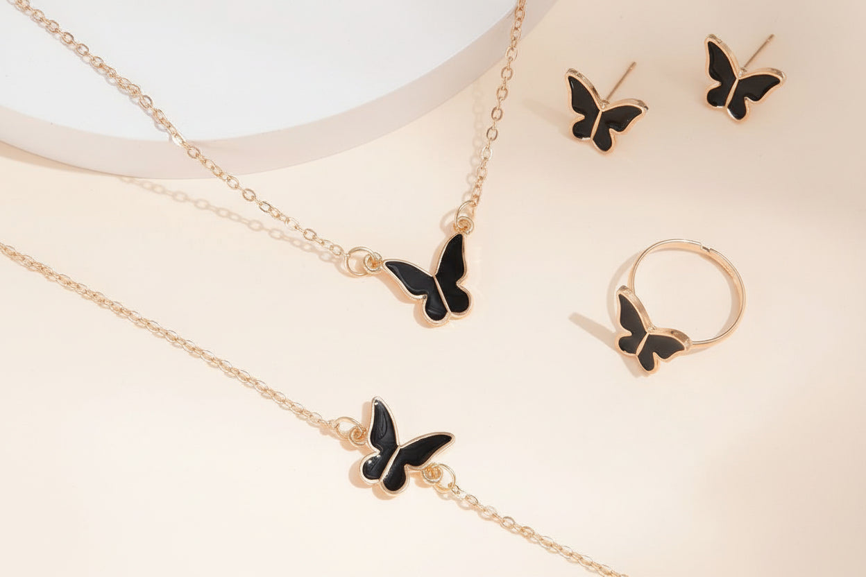 Pink & Black Butterfly Jewelry Set
