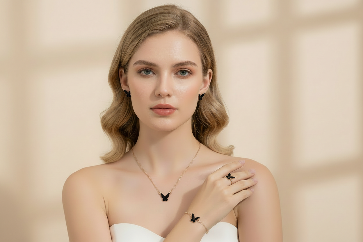 Pink & Black Butterfly Jewelry Set